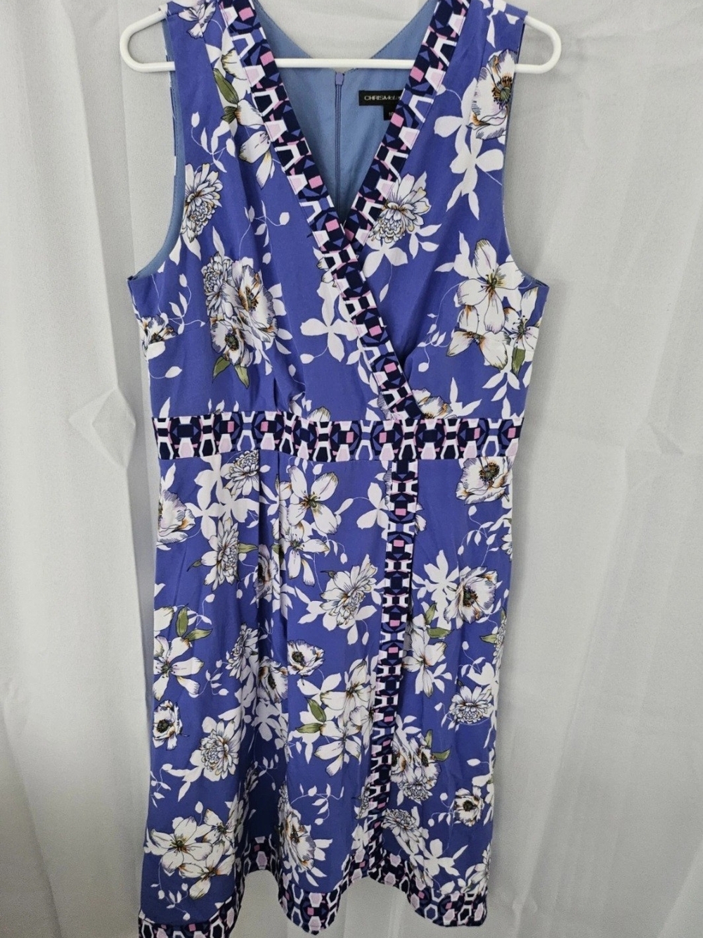 Chris McLaughlin Dress Blue Floral Faux Wrap Midi V-Neck Lined Size 16